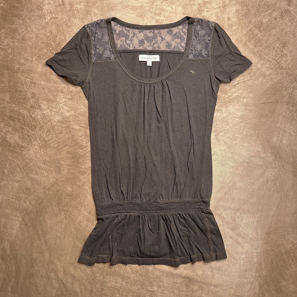 Abercrombie & Fitch Floral Lace Mesh Drop Waist Top Short Sleeve Shirt Brown Y2K